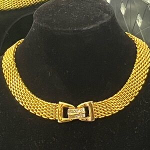 Kenneth Jay Lane KJL vintage gold princess cut crystal buckle mesh necklace QVC